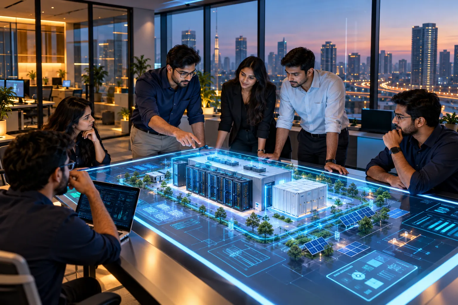 Young engineers and strategists around a touch table showing a 3D micro data center model in a Gurugram office
