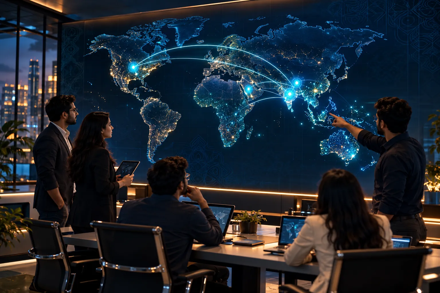 A dark navy world map with cyan pins on Delhi NCR, Mumbai, Lucknow and Dallas and softer glow over expansion regions