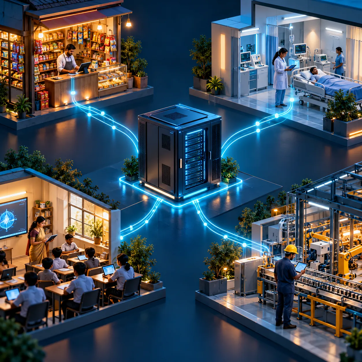 A shop, a hospital, a school and a factory each linked by light beams to one compact micro data center