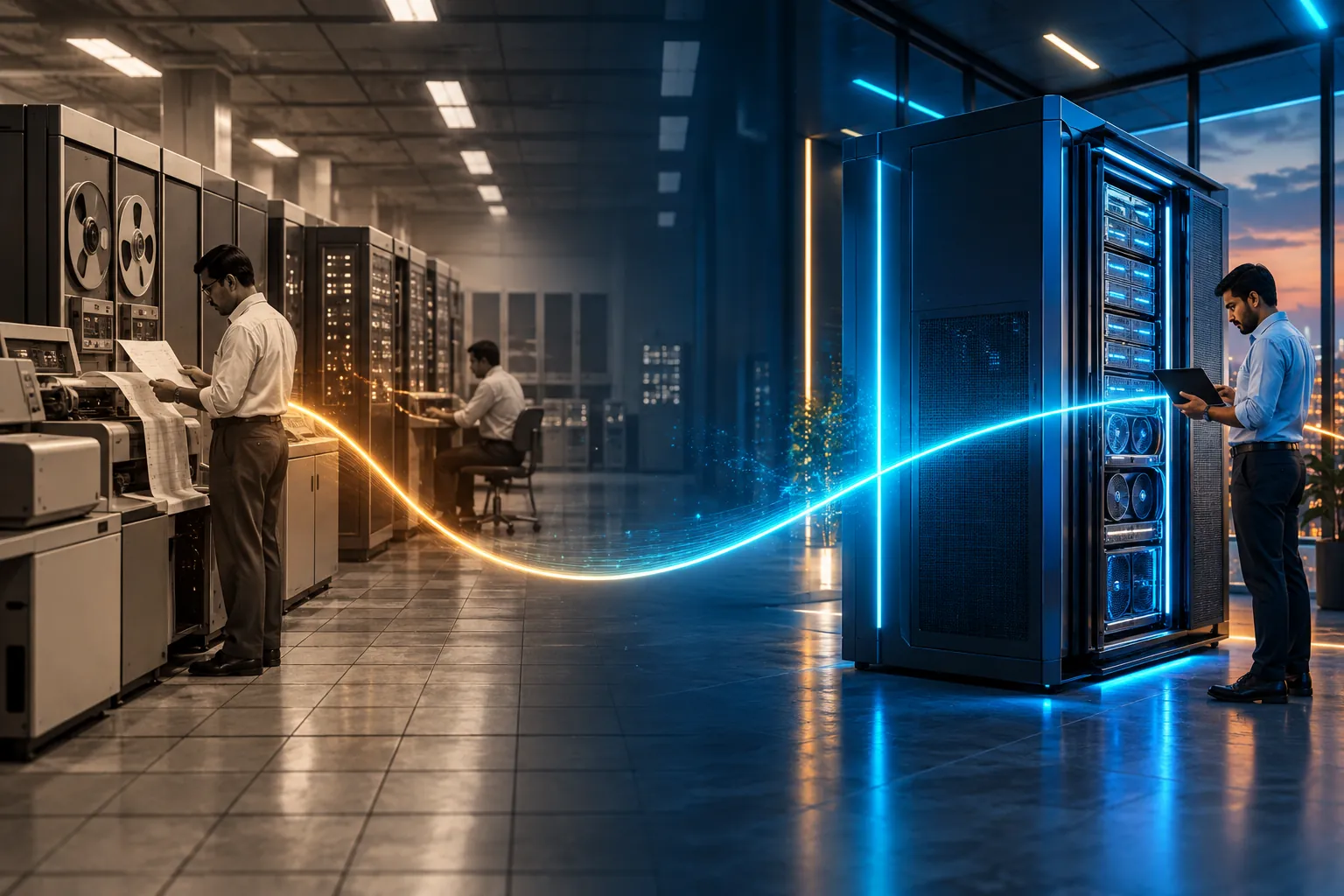 A bulky mainframe data hall fading into a sleek compact micro data center, joined by one glowing line