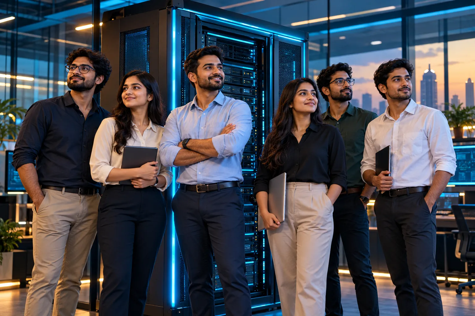 Six young professionals standing in front of a glowing micro data center rack in a modern office
