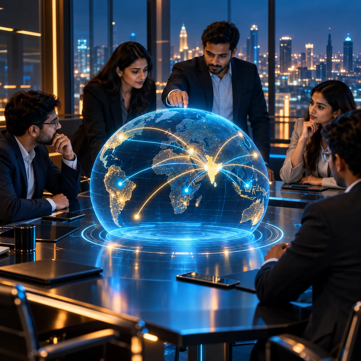 Leaders in a boardroom around a holographic globe linking India to the Middle East, Southeast Asia, Africa and the USA