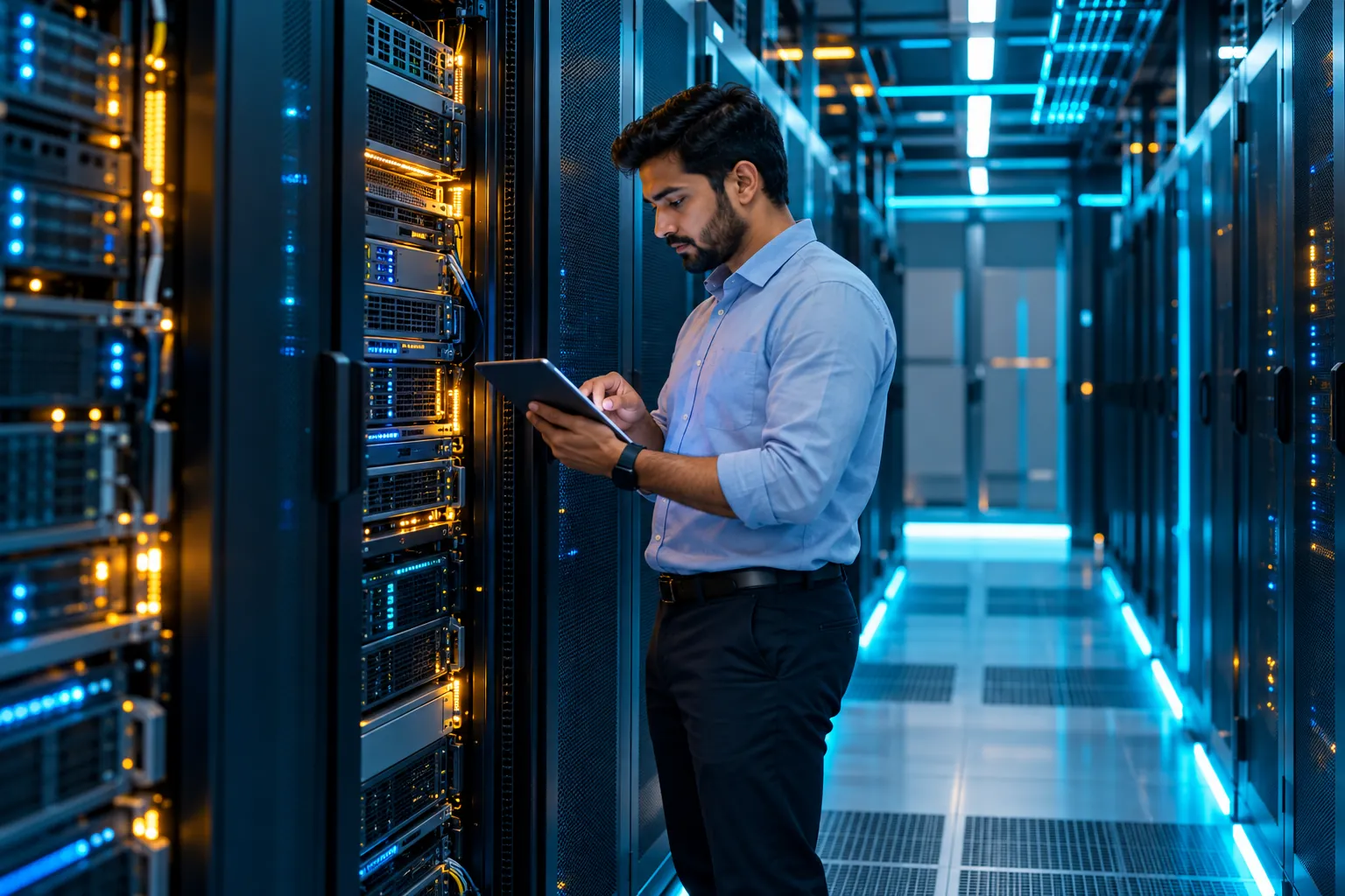 An IT professional with a tablet inside a server room lit by cyan aisle lighting