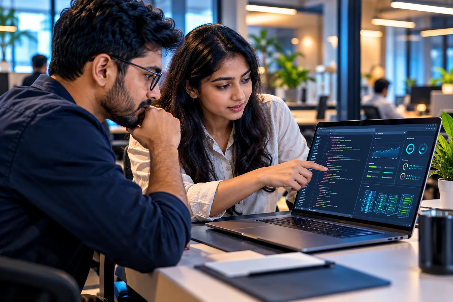 Two software engineers reviewing code and an infrastructure dashboard on a laptop