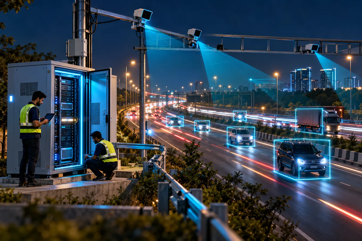 An Indian expressway at night with AI cameras tracking vehicles and a roadside edge micro data center