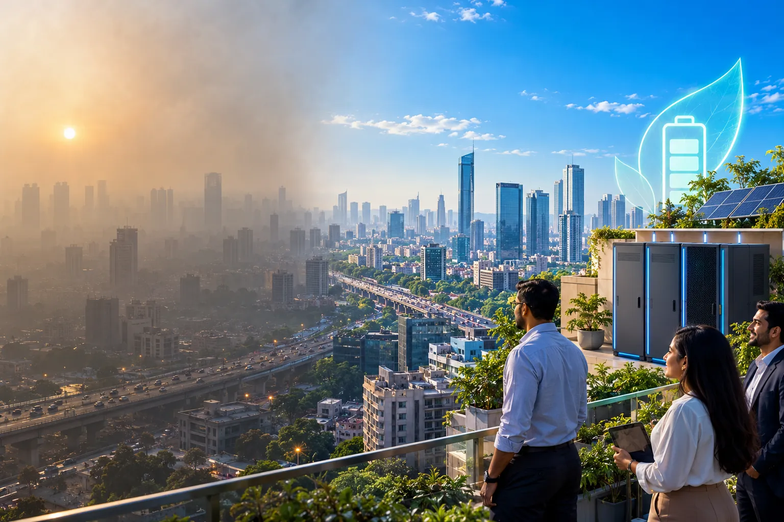 The Delhi NCR skyline turning from smog on the left to clear blue sky on the right