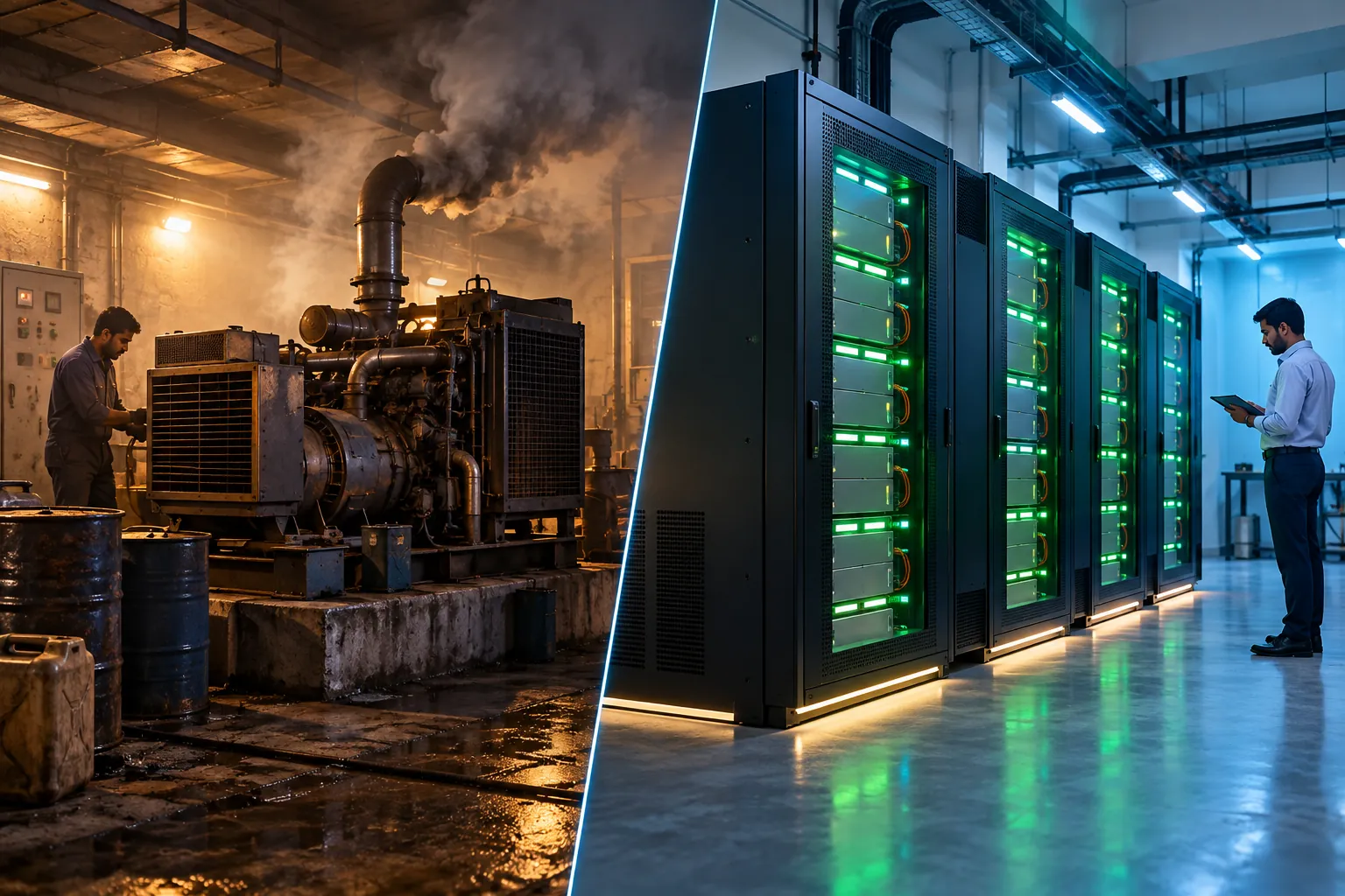 A smoky diesel generator in a cramped basement beside a clean battery cabinet glowing green in a bright room