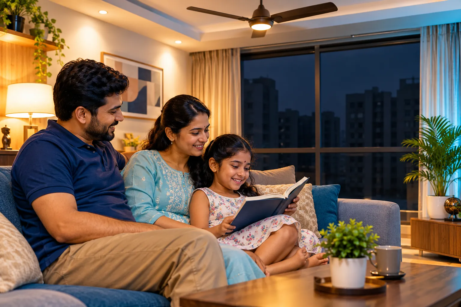A family at home in the evening with lights and fan running while neighbouring buildings are dark during a power cut
