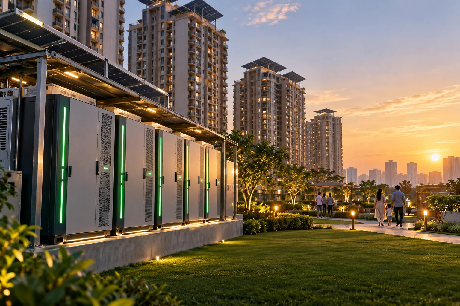 A LiFePO4 battery energy storage installation glowing green beside high-rise residential towers in Noida at golden hour