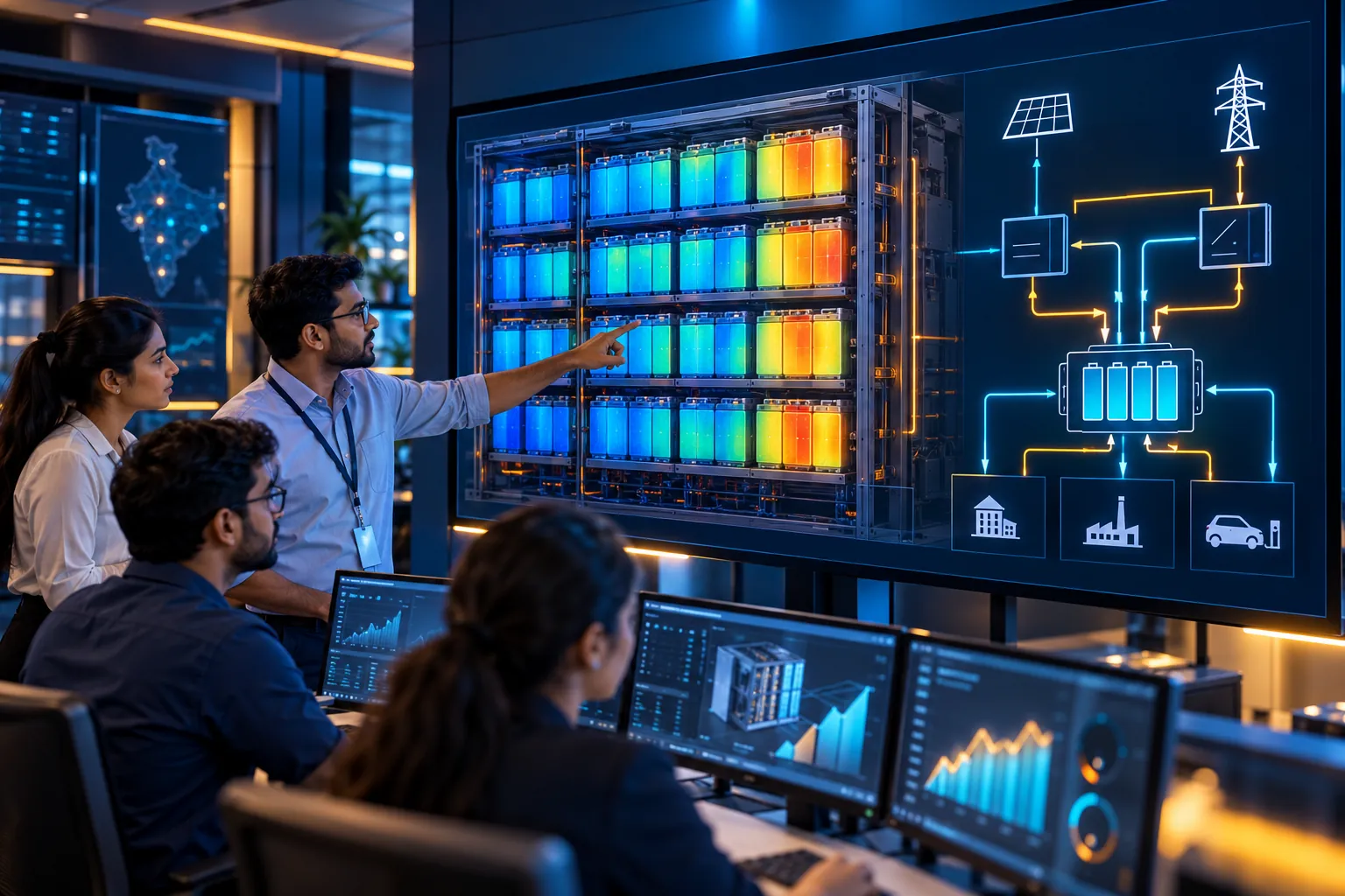 An engineer pointing at a battery cell heatmap and power flow diagram in an energy control room