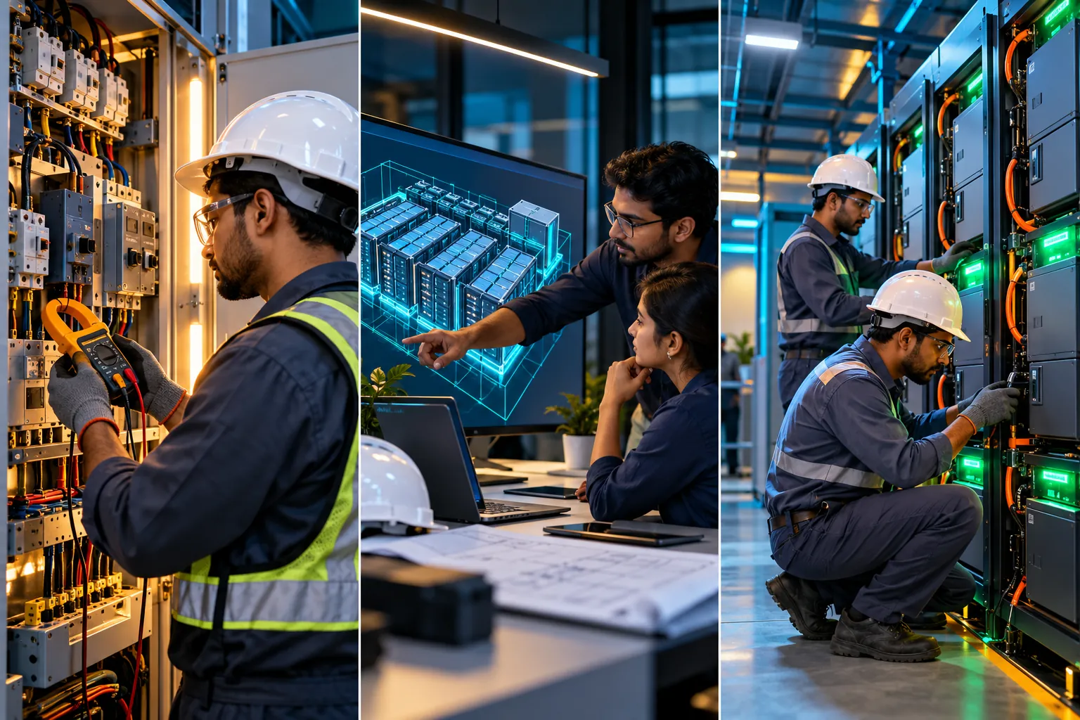 Three panels: an energy audit at an electrical panel, engineers reviewing a battery layout, technicians commissioning battery cabinets