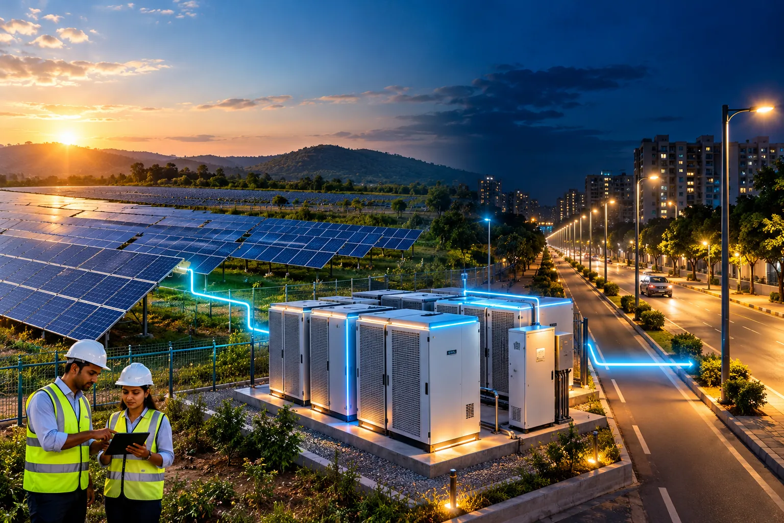 A daytime solar farm flowing into battery-powered street lights at night