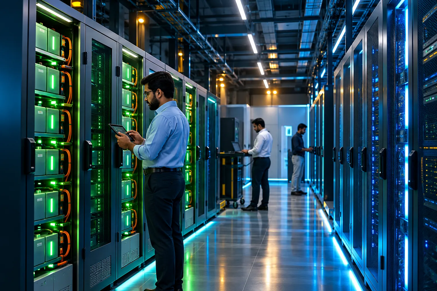 Battery cabinets lined up next to server racks in a data hall