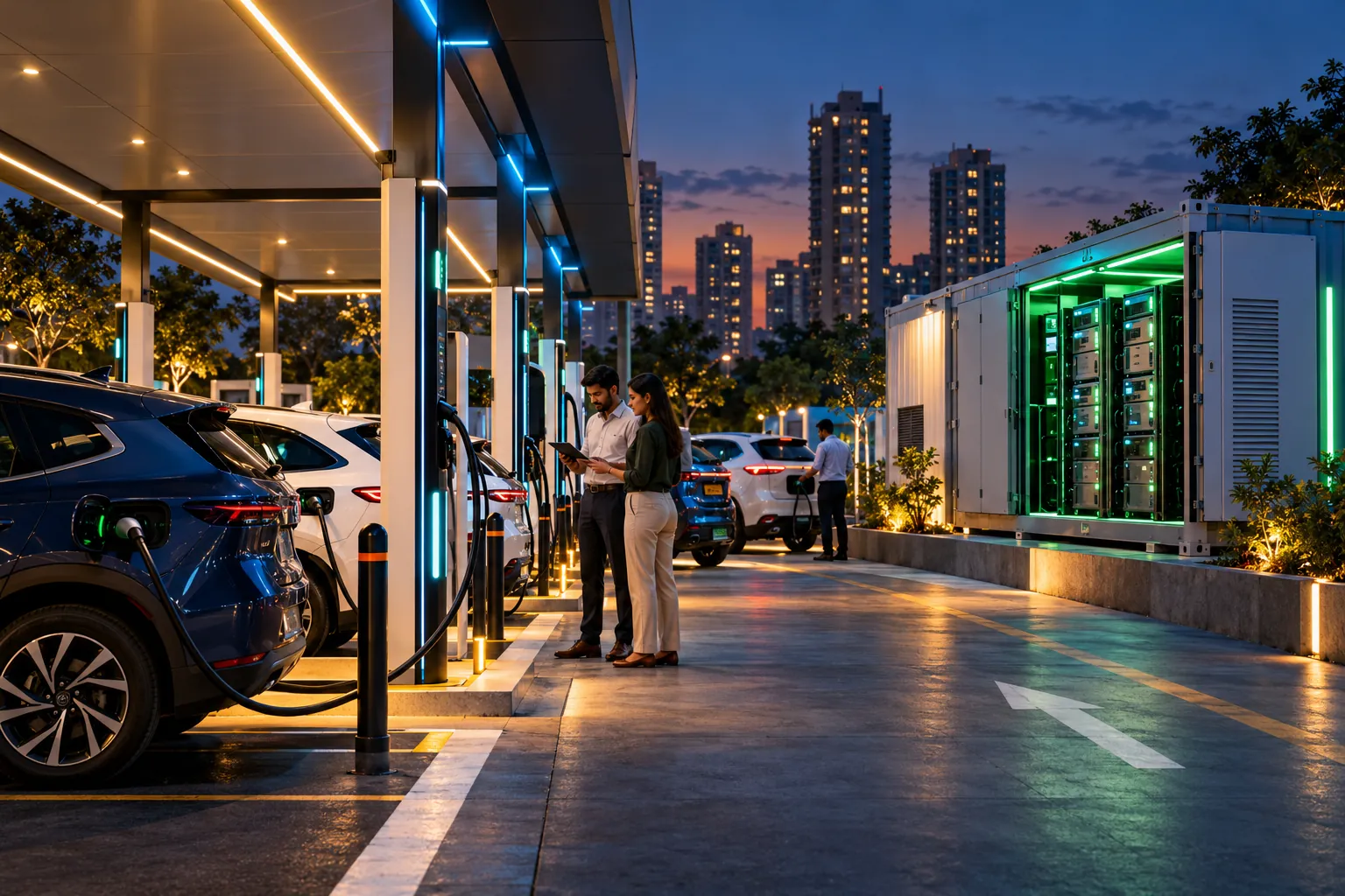 An EV charging hub with a battery container glowing green beside the chargers