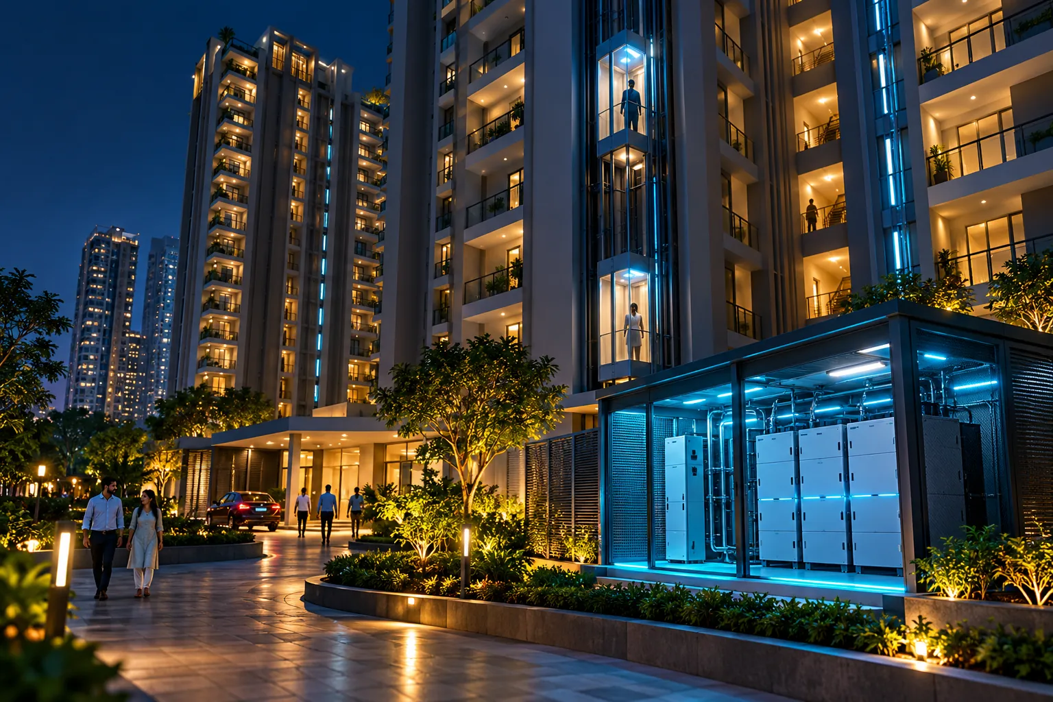 High-rise towers at night with lifts lit while a battery enclosure glows at the base