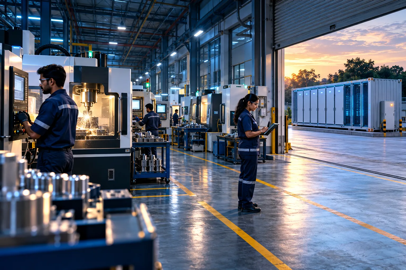 A plant floor with CNC machines and a battery container outside the shutter