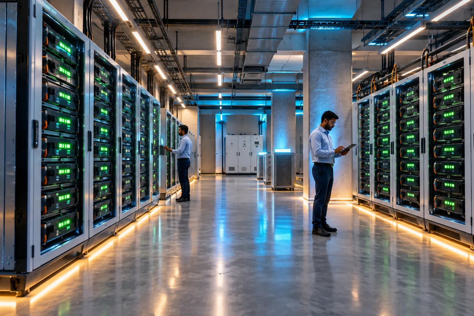 The same basement, clean and bright, with rows of battery cabinets showing green status lights