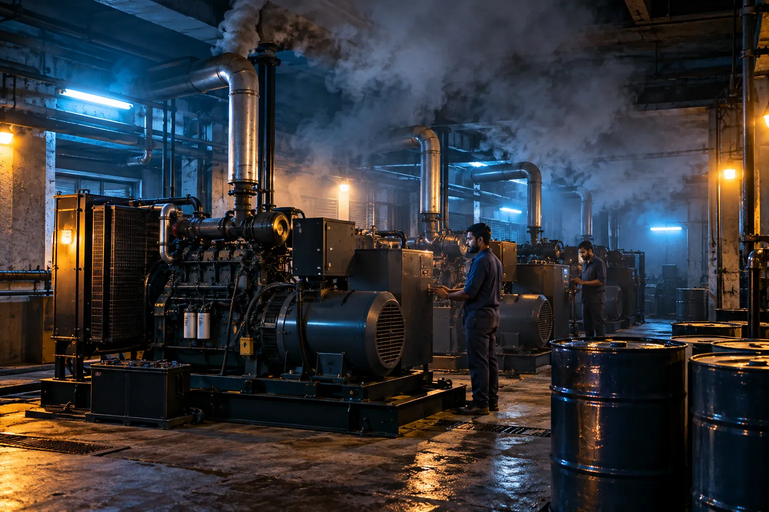 A dark basement with diesel generators, grey smoke and fuel drums