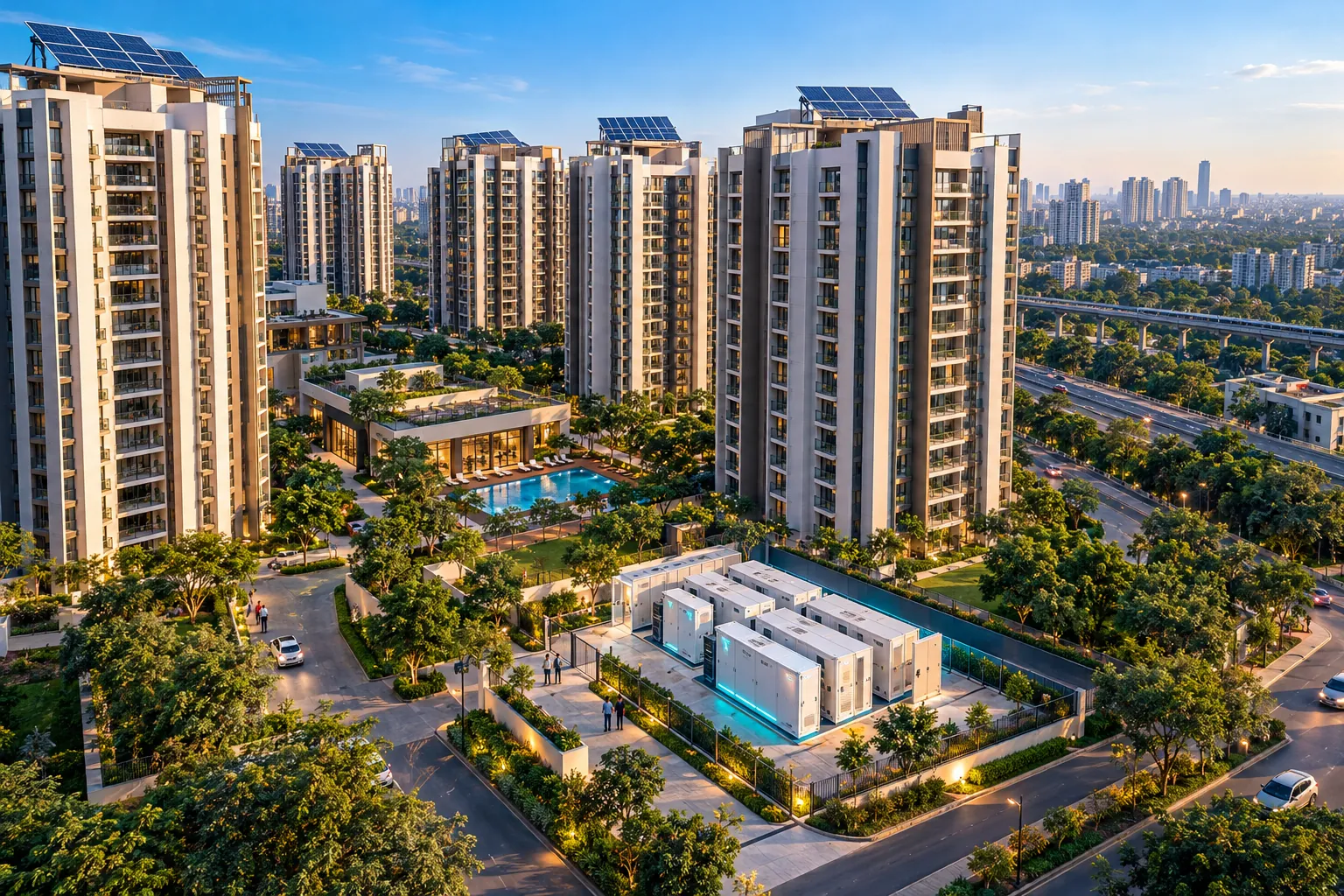 Aerial view of high-rise residential towers in Noida with rooftop solar and a battery storage enclosure at the base
