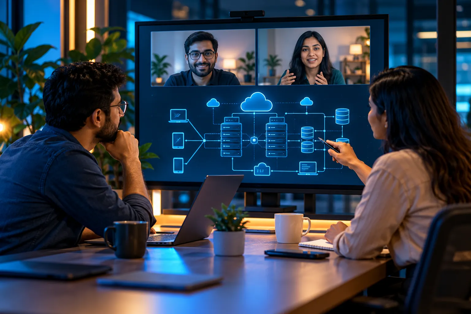 Two professionals on a video call discussing an infrastructure diagram