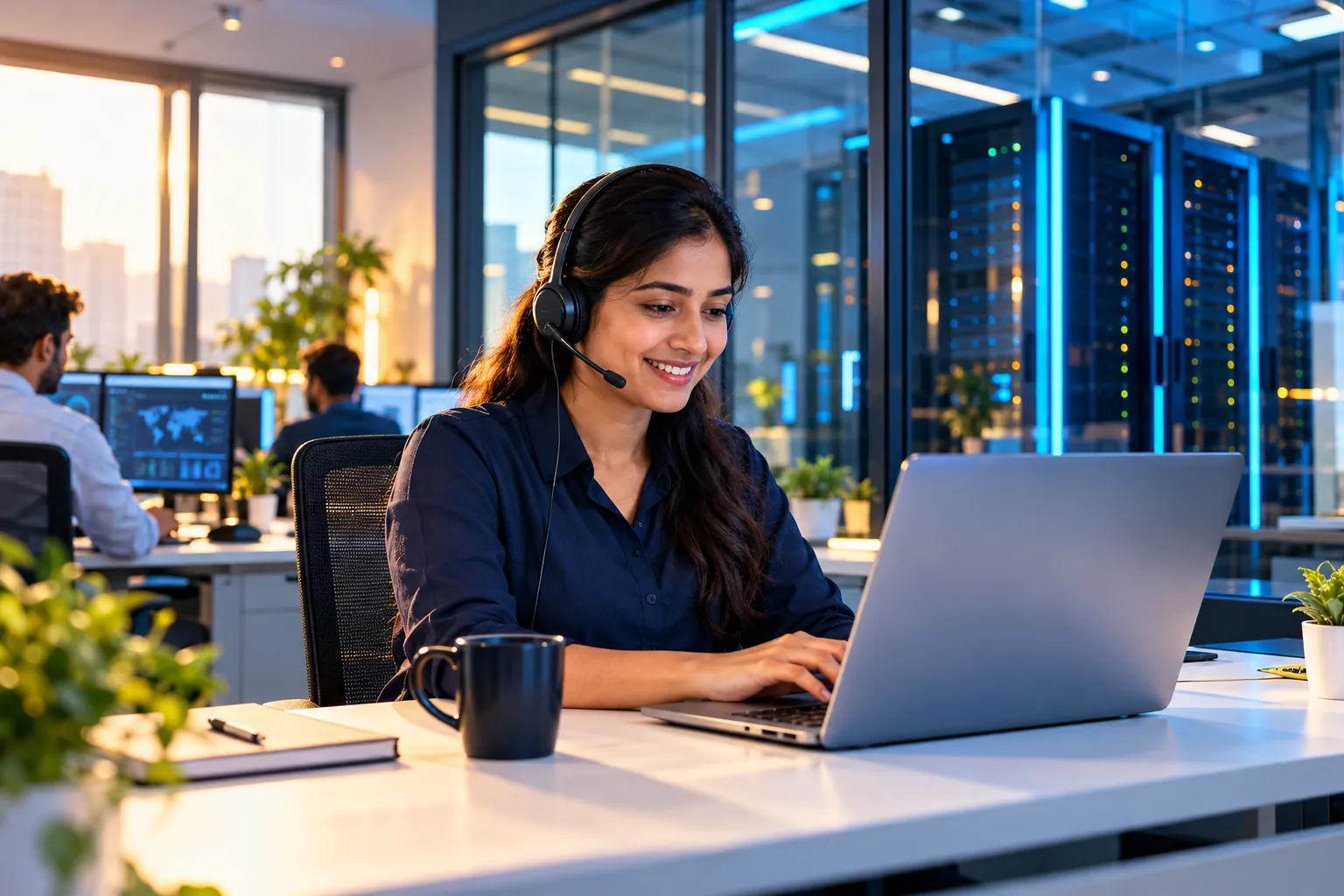 A smiling customer success expert with a headset at a laptop, a server room behind a glass wall