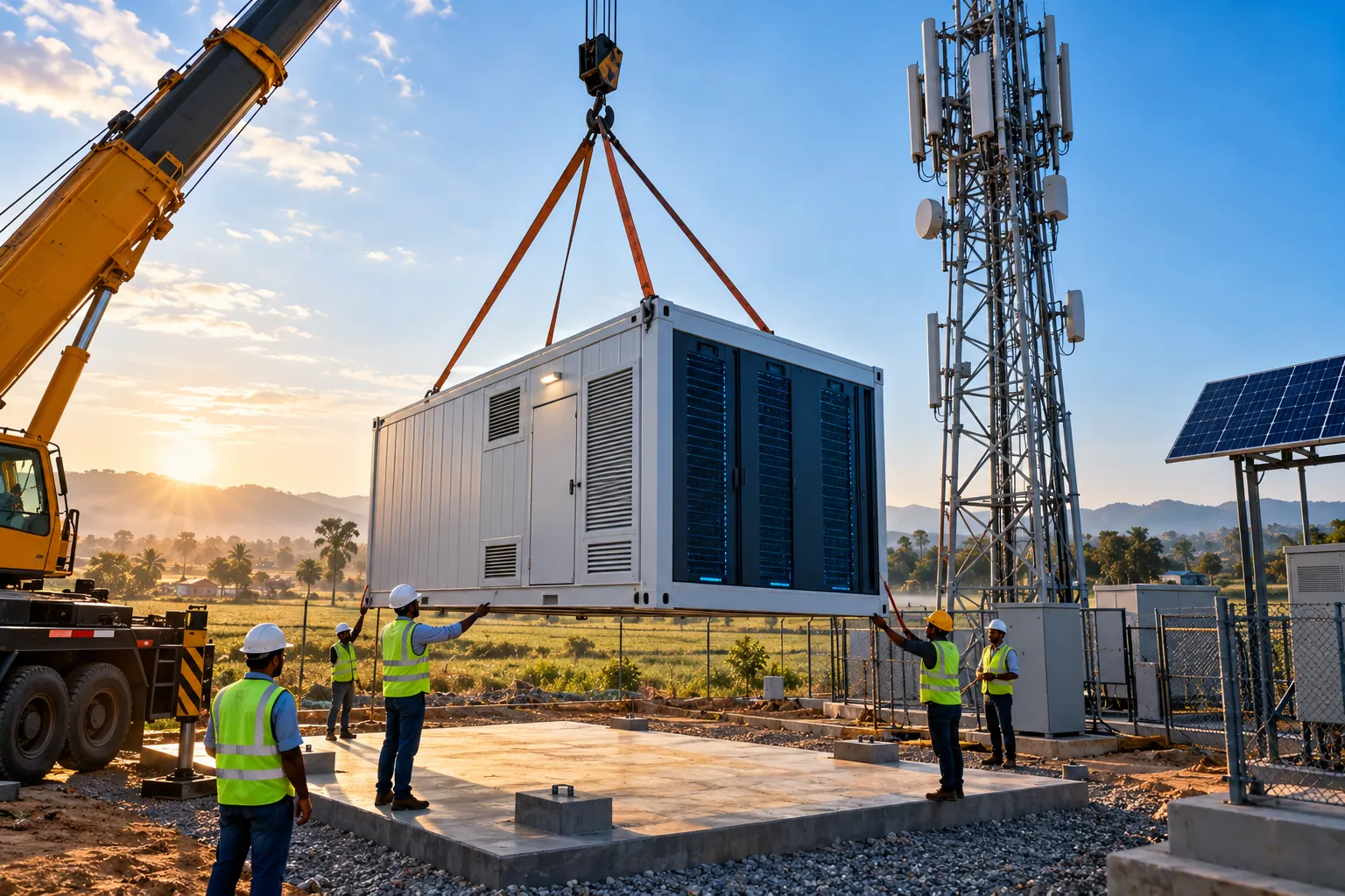 A crane lowering a containerized data center beside a telecom tower in rural India