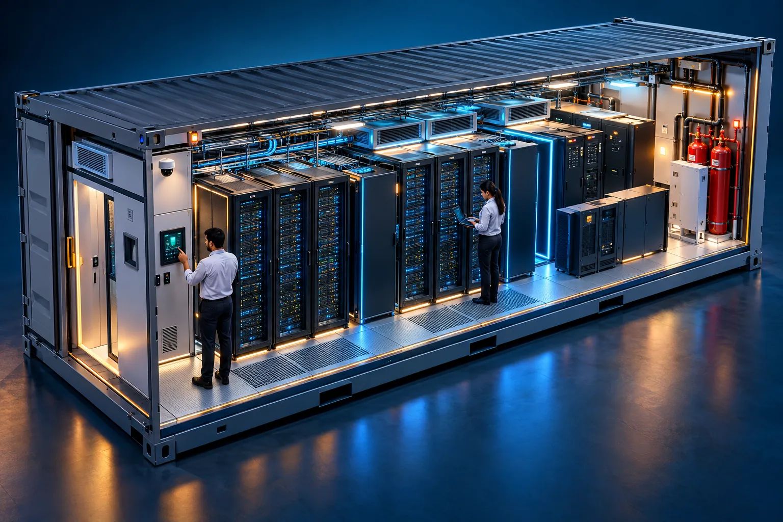 Isometric cutaway of a 20-foot data center container with racks, in-row cooling, UPS and fire suppression