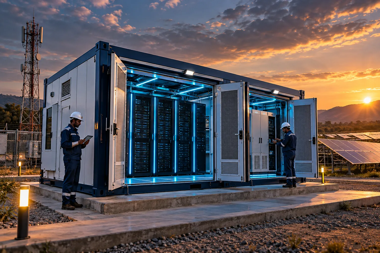 A navy and white containerized data center with open doors and lit racks at a remote industrial site at sunset