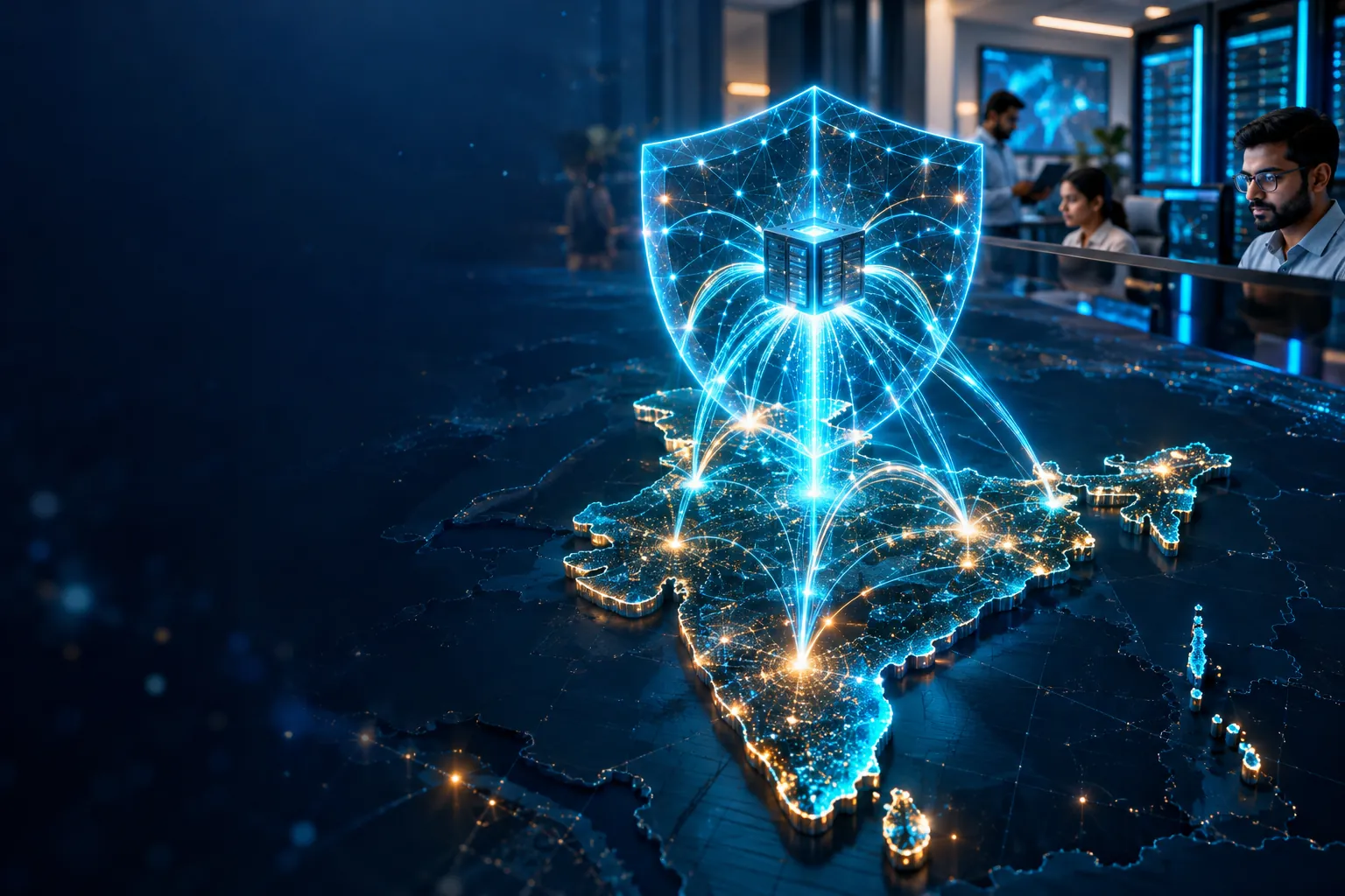 A glowing shield-shaped network of nodes over a map of India, converging on one secure cube