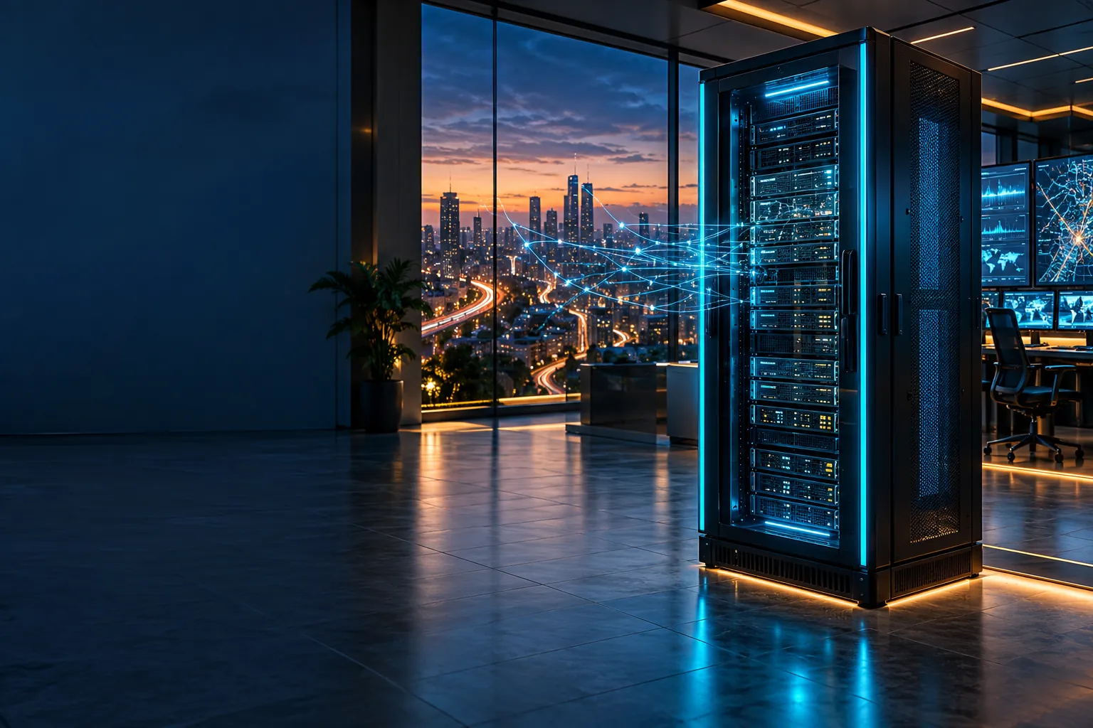 A matte-black ScaleUp edge micro data center rack glowing cyan in a smart-city control room at dusk
