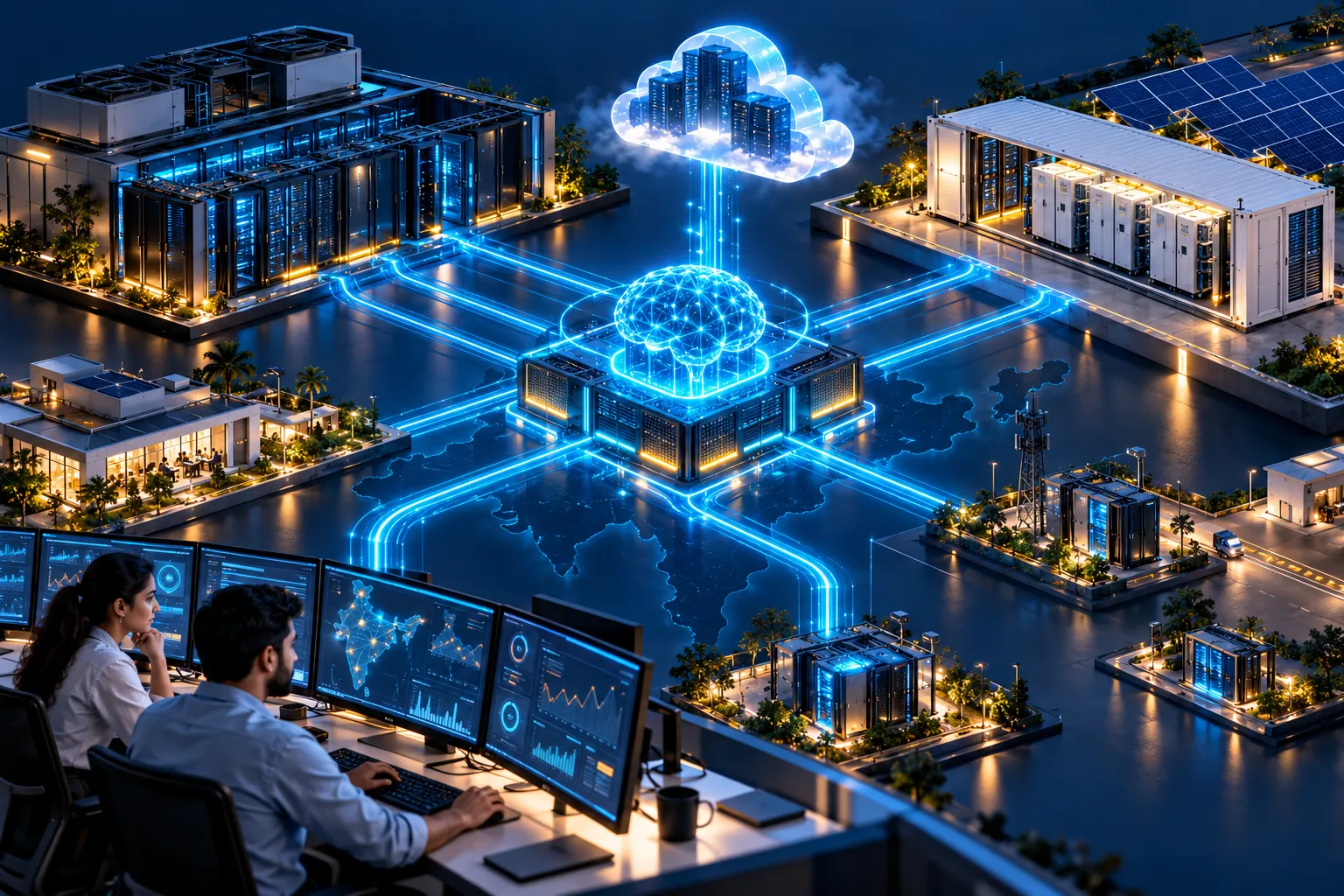 Edge racks, a battery storage container and the cloud linked by cyan fibre into one AI core
