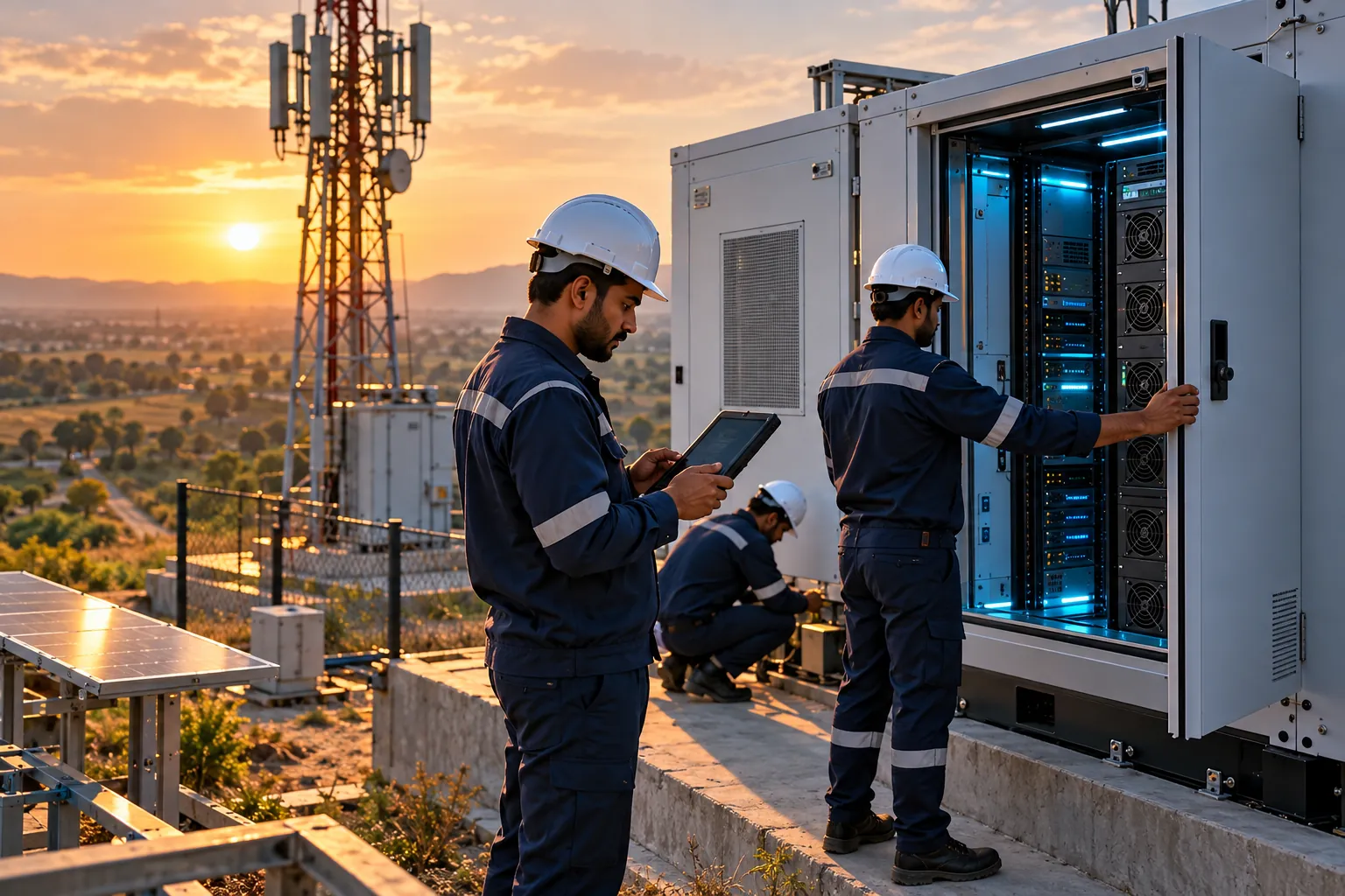 Field engineers in navy uniforms commissioning an outdoor micro data center cabinet at a telecom tower site