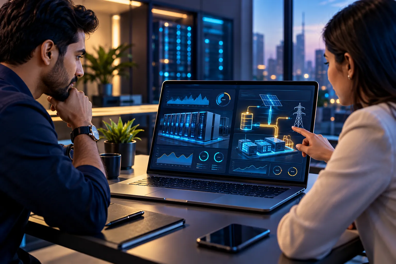 A laptop showing compute metrics on one side and energy flow on the other