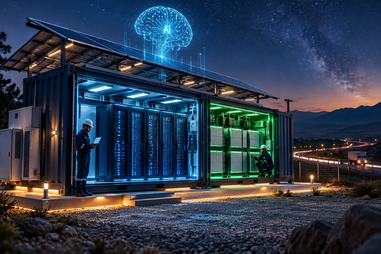 A single containerized unit at a remote highway site at night, glowing cyan and green halves with a solar canopy