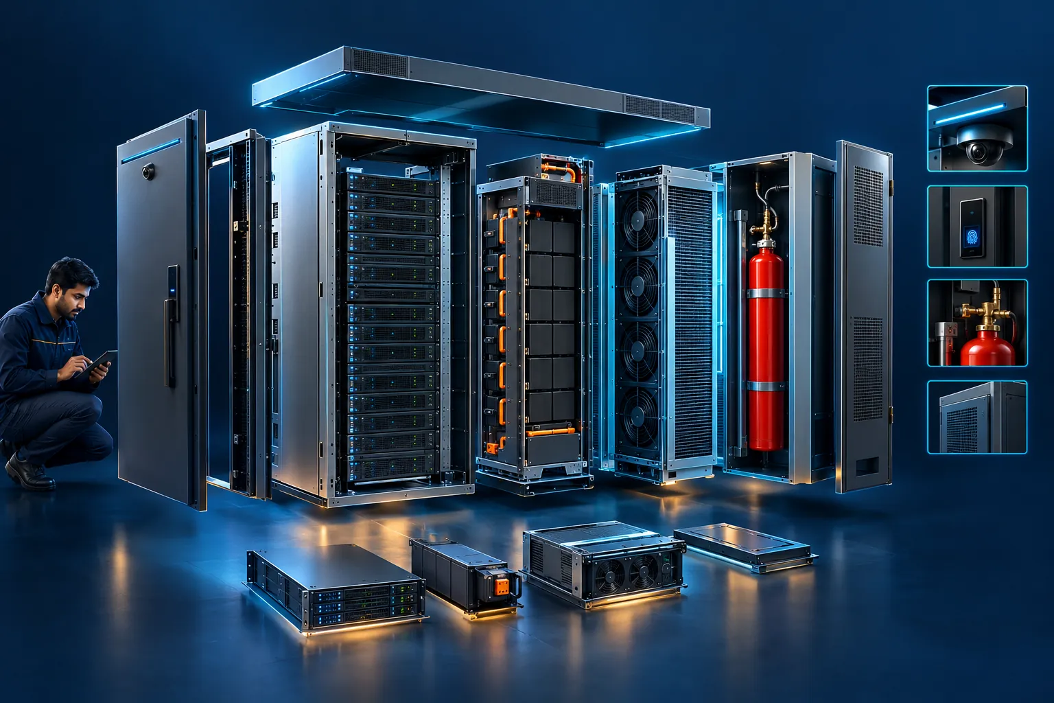 Exploded view of a micro data center: enclosure, servers, lithium UPS, precision cooling, fire suppression cylinder, biometric lock and camera