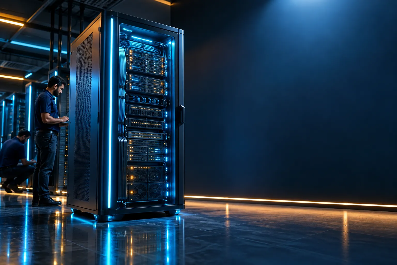 A premium ScaleUp micro data center cabinet with cyan rim lighting in a dark showroom