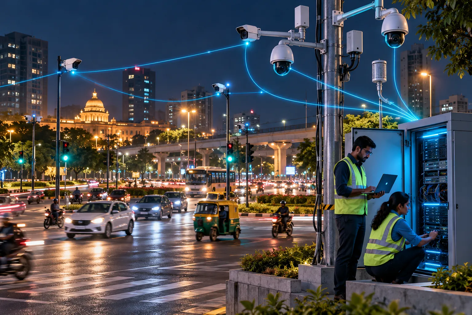 A smart city junction at night feeding data into a roadside edge cabinet