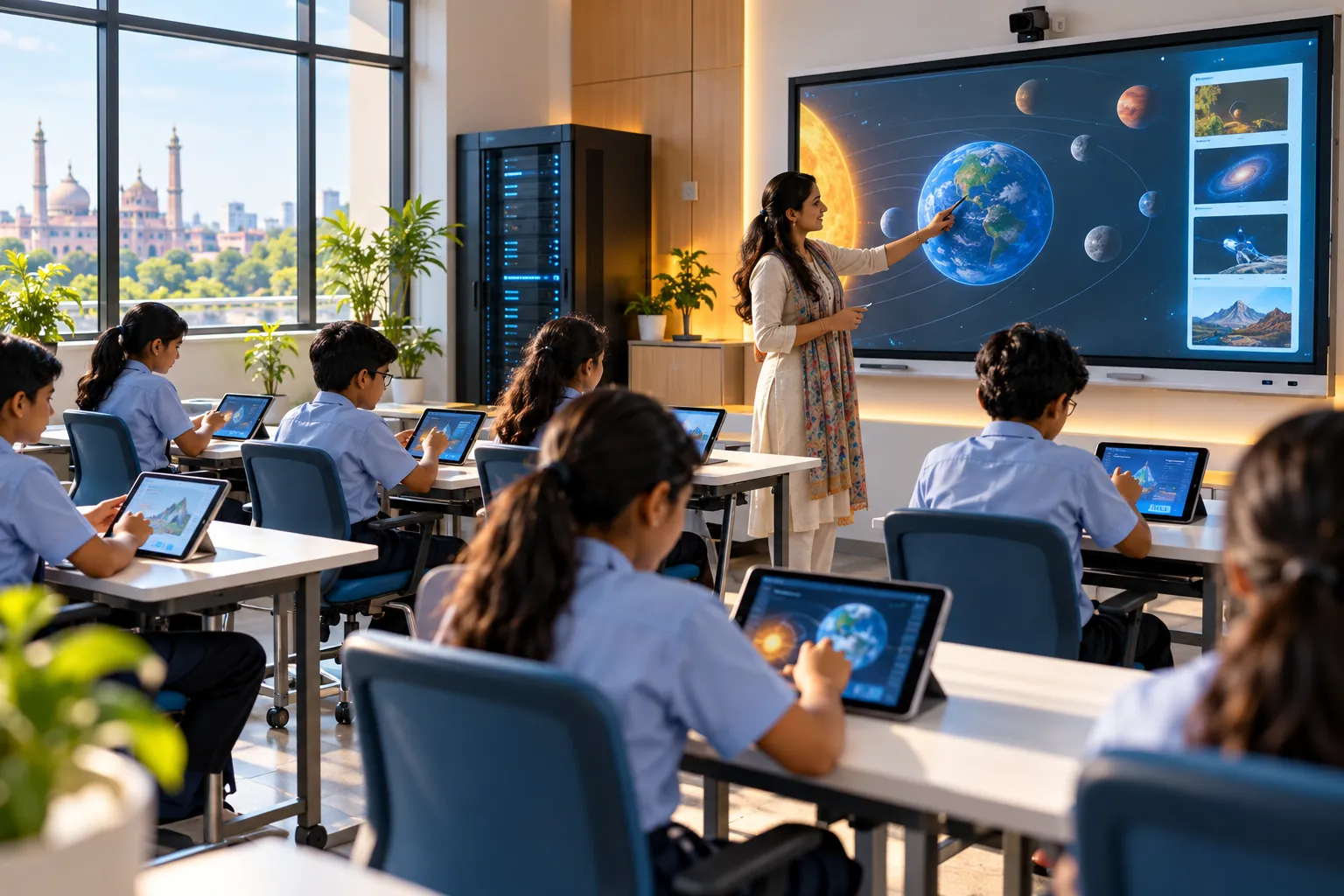 Students using tablets in a digital classroom with a small server cabinet