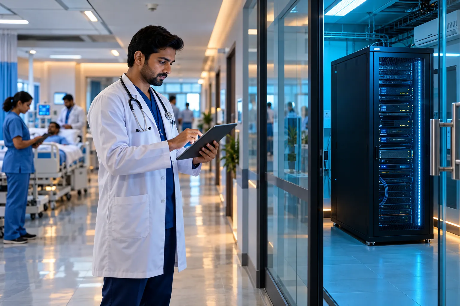 A doctor reviewing digital records in a hospital corridor with a server cabinet behind glass
