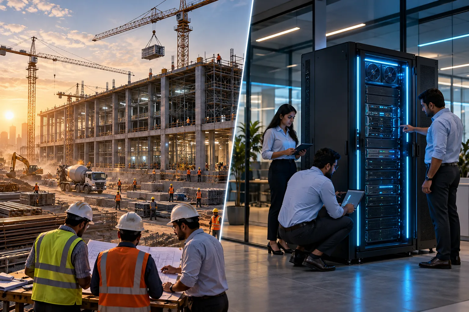 A traditional data center under construction beside a compact micro data center already running in an office
