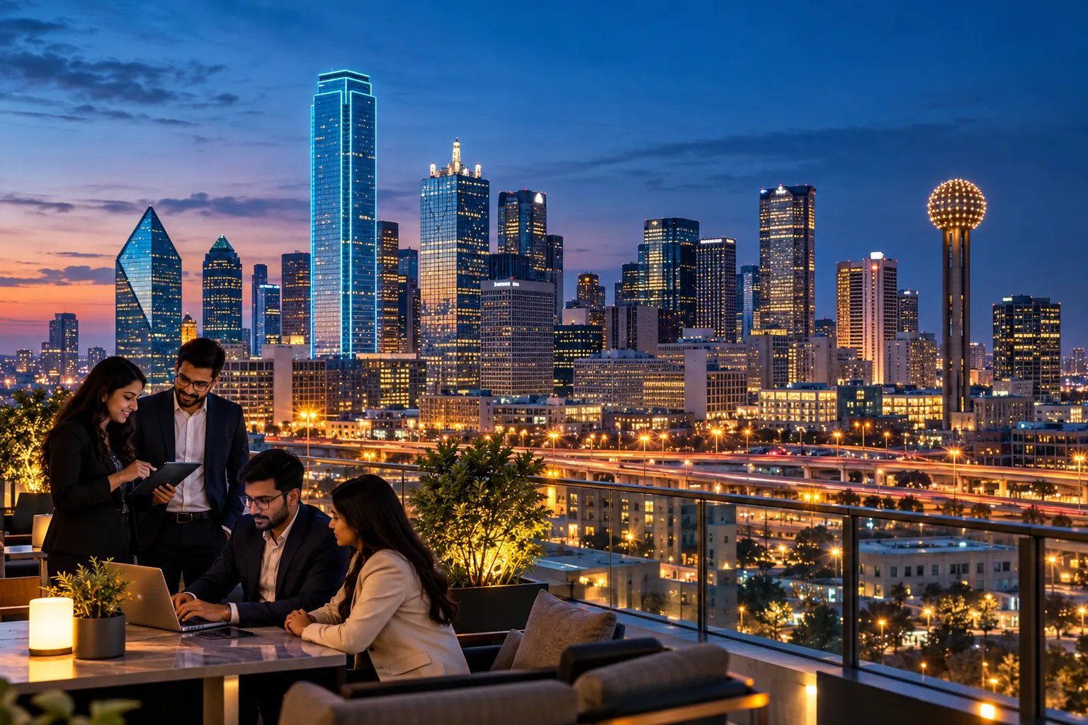 Downtown Dallas skyline at blue hour