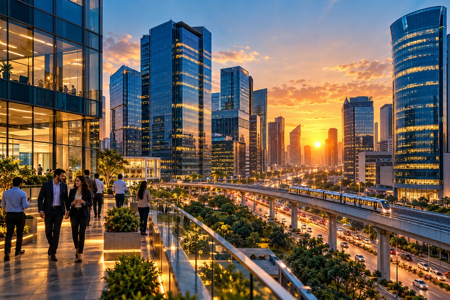 Glass corporate towers in Gurugram at sunset