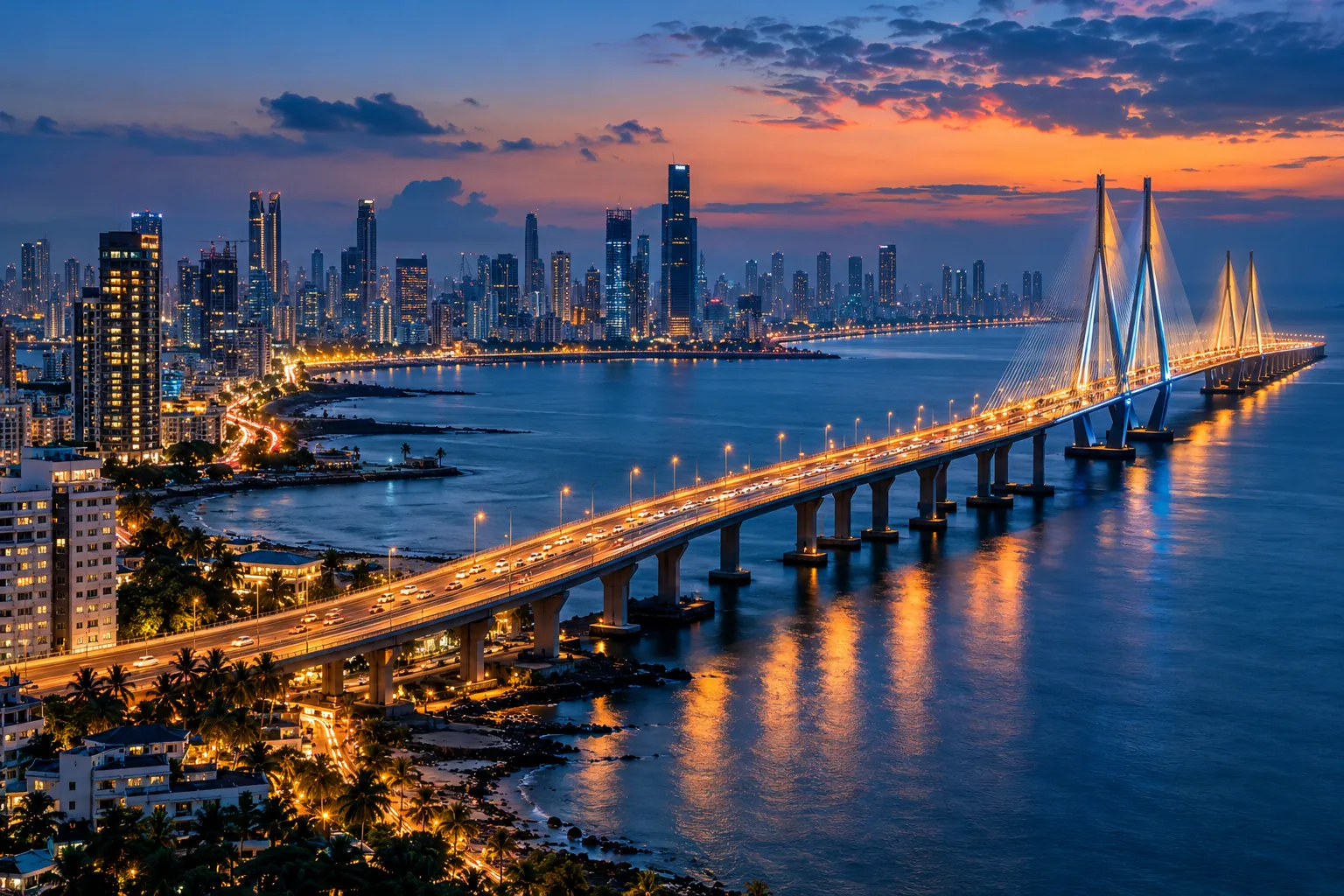 Mumbai skyline with the Bandra-Worli sea link at dusk