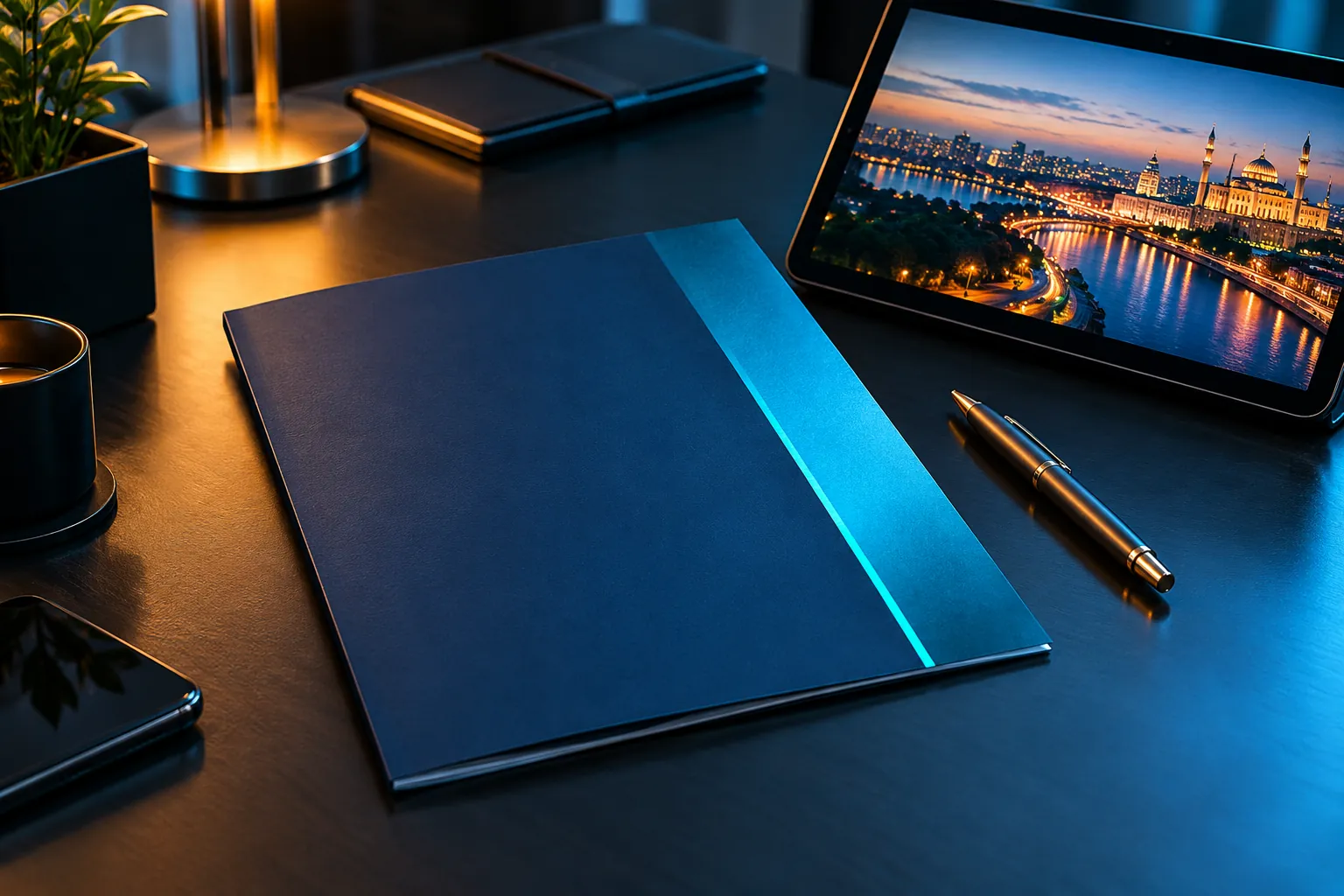 A navy A4 brochure with a cyan stripe on a dark desk