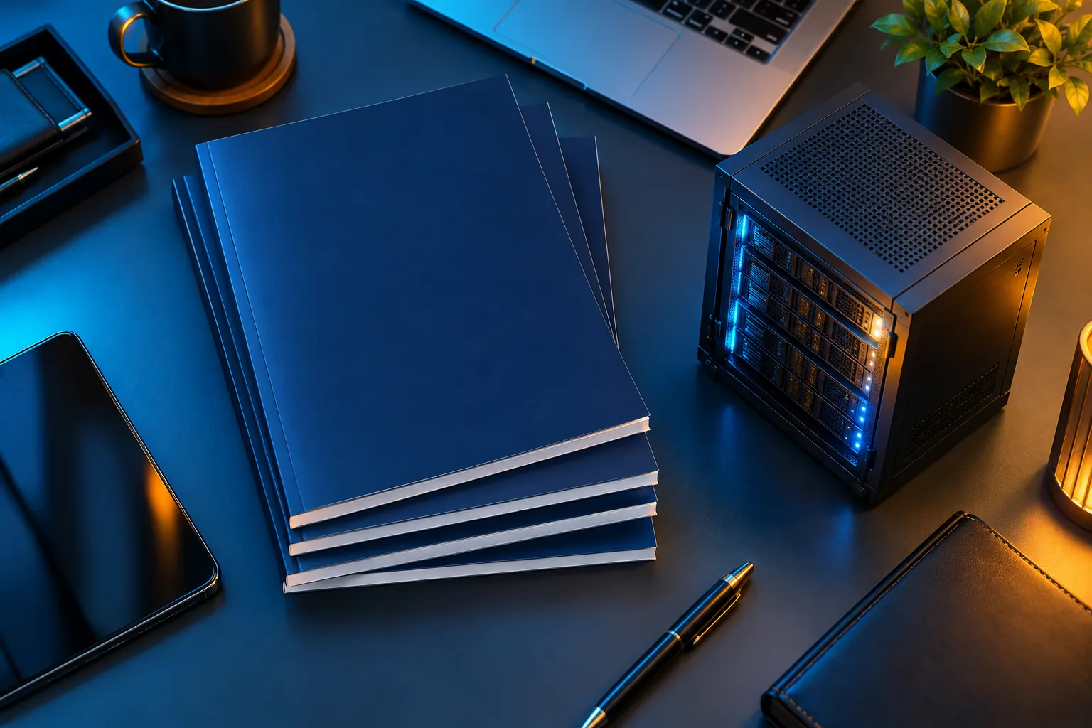 A stack of navy technical whitepaper booklets beside a small server model