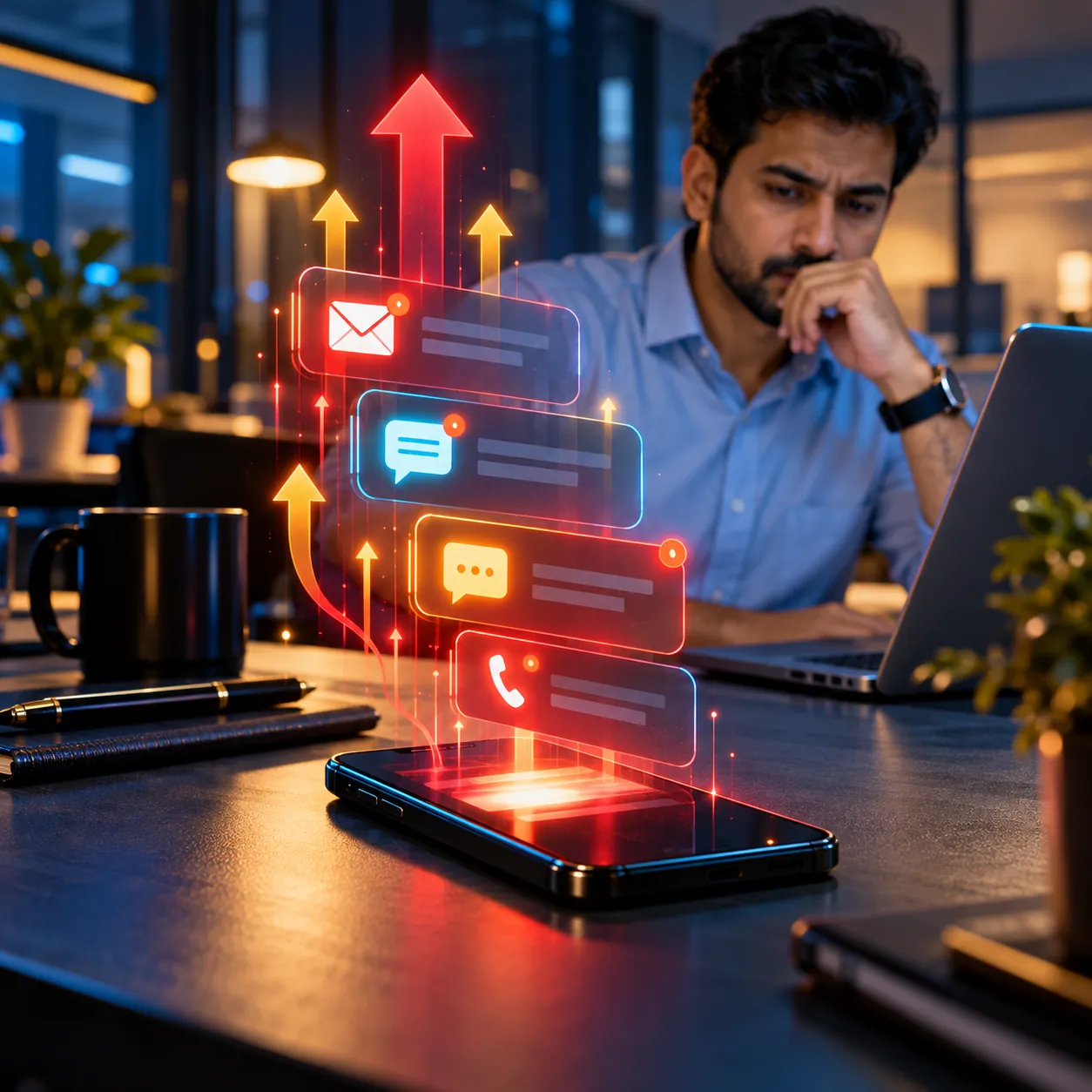A smartphone lighting up with stacked alert notifications