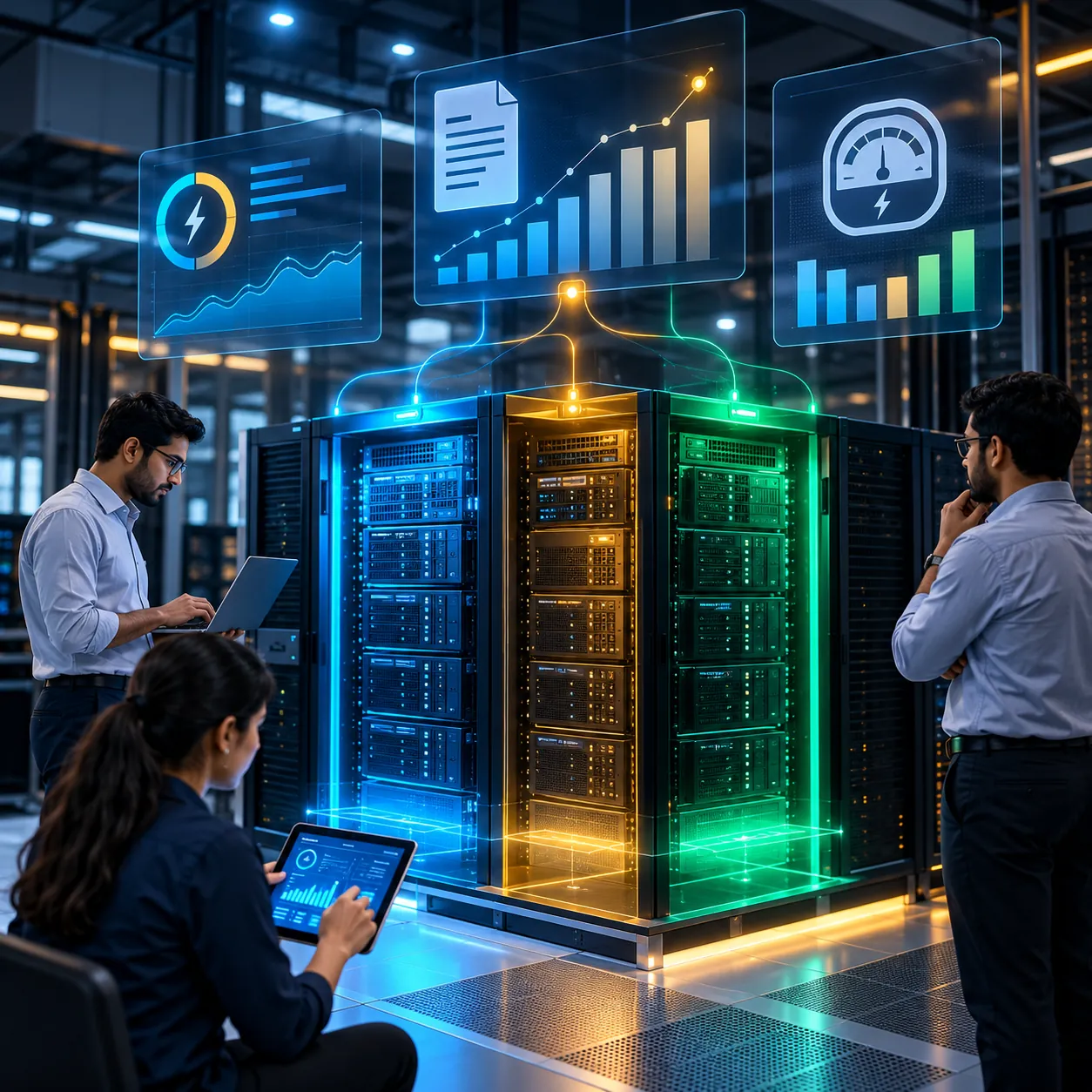 Usage graphs above a server rack split into colour-coded tenant zones