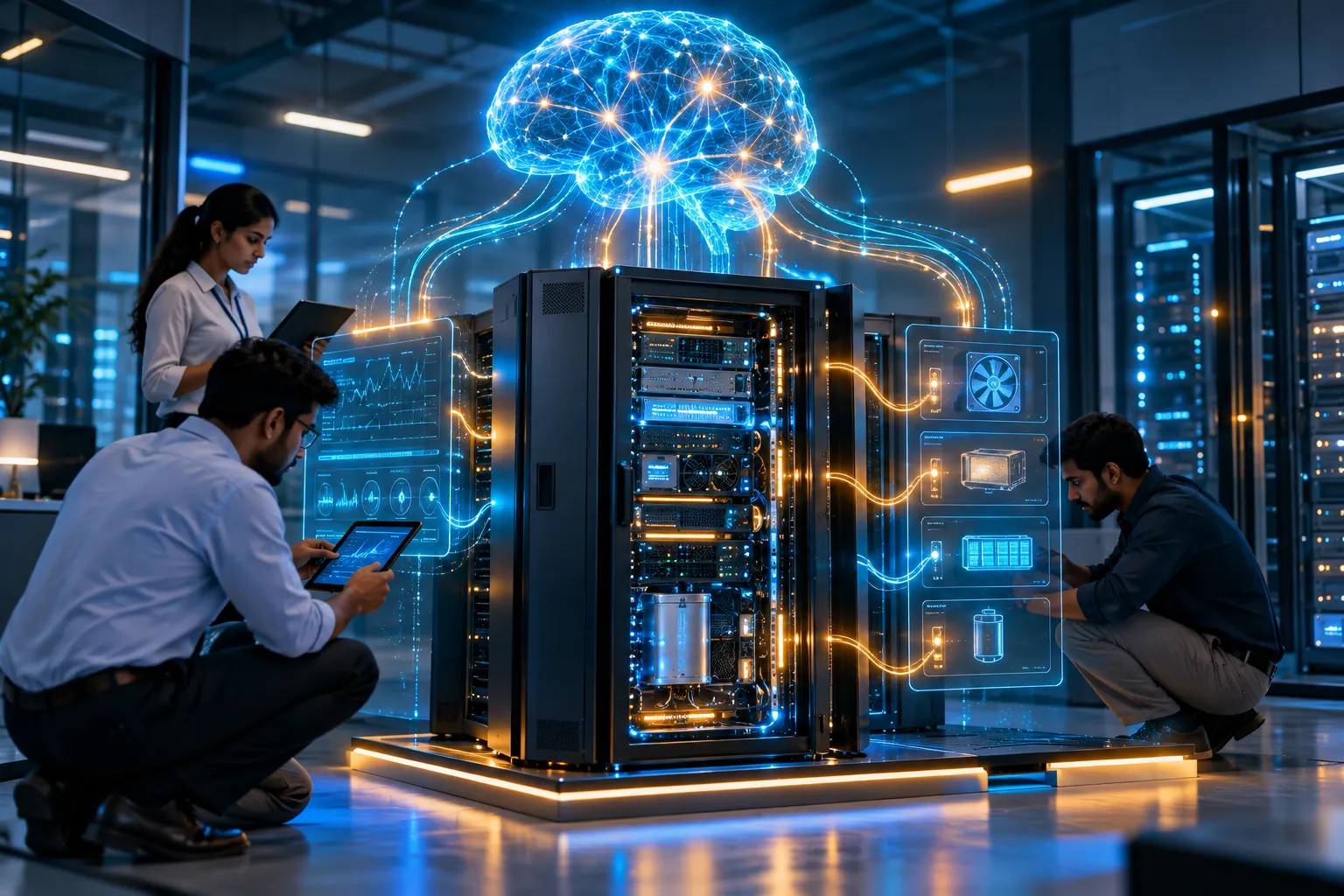A translucent AI brain above a micro data center rack sending corrective pulses