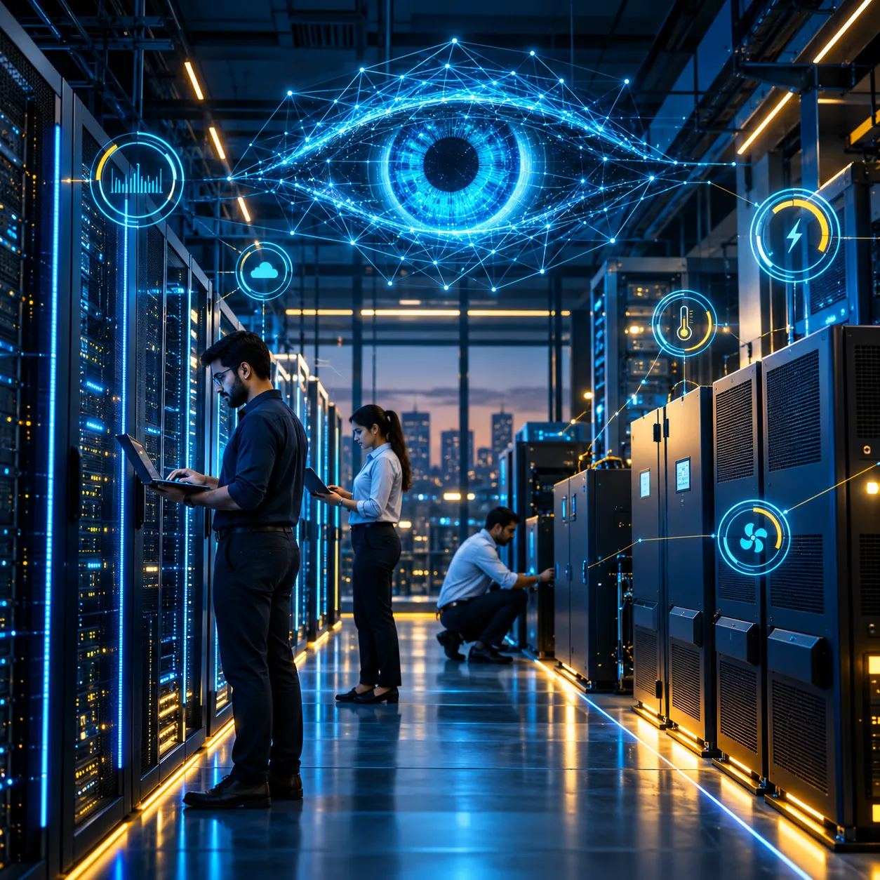 A glowing digital eye of network lines over servers, routers and UPS units