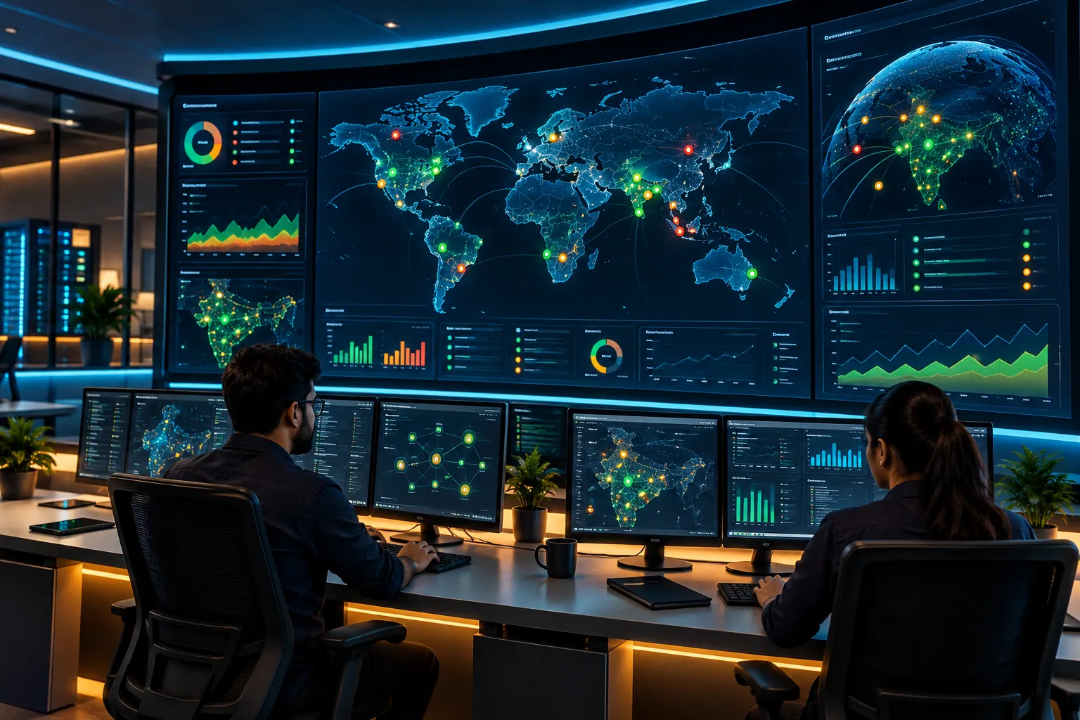A NOC command center with a curved wall display of sites in green, amber and red
